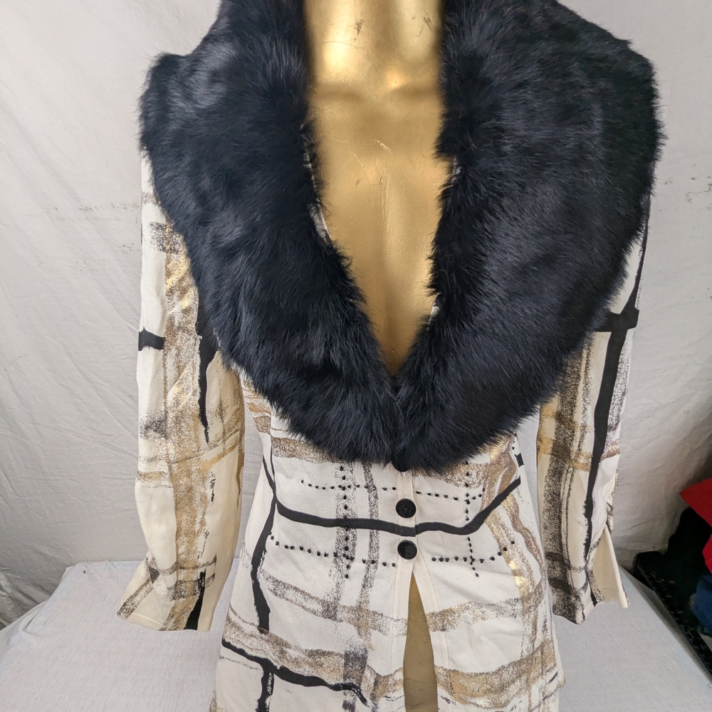 Christine Phillipe Black Fur Collar Cream, Black & Metallic Gold Stripes XL